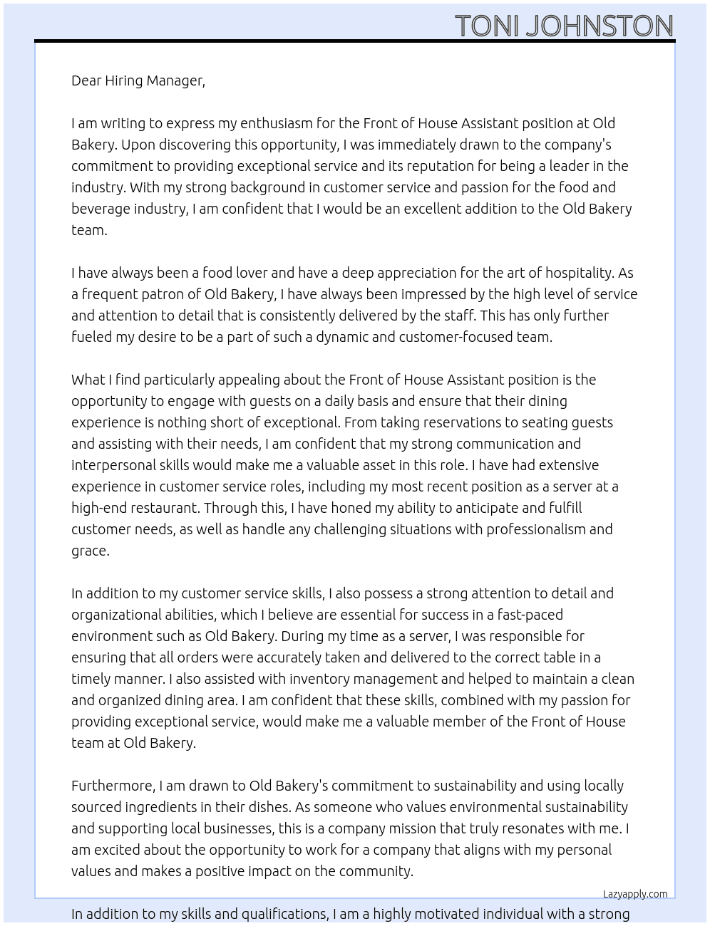 Front of House Assistant At Old Bakery Cover Letter