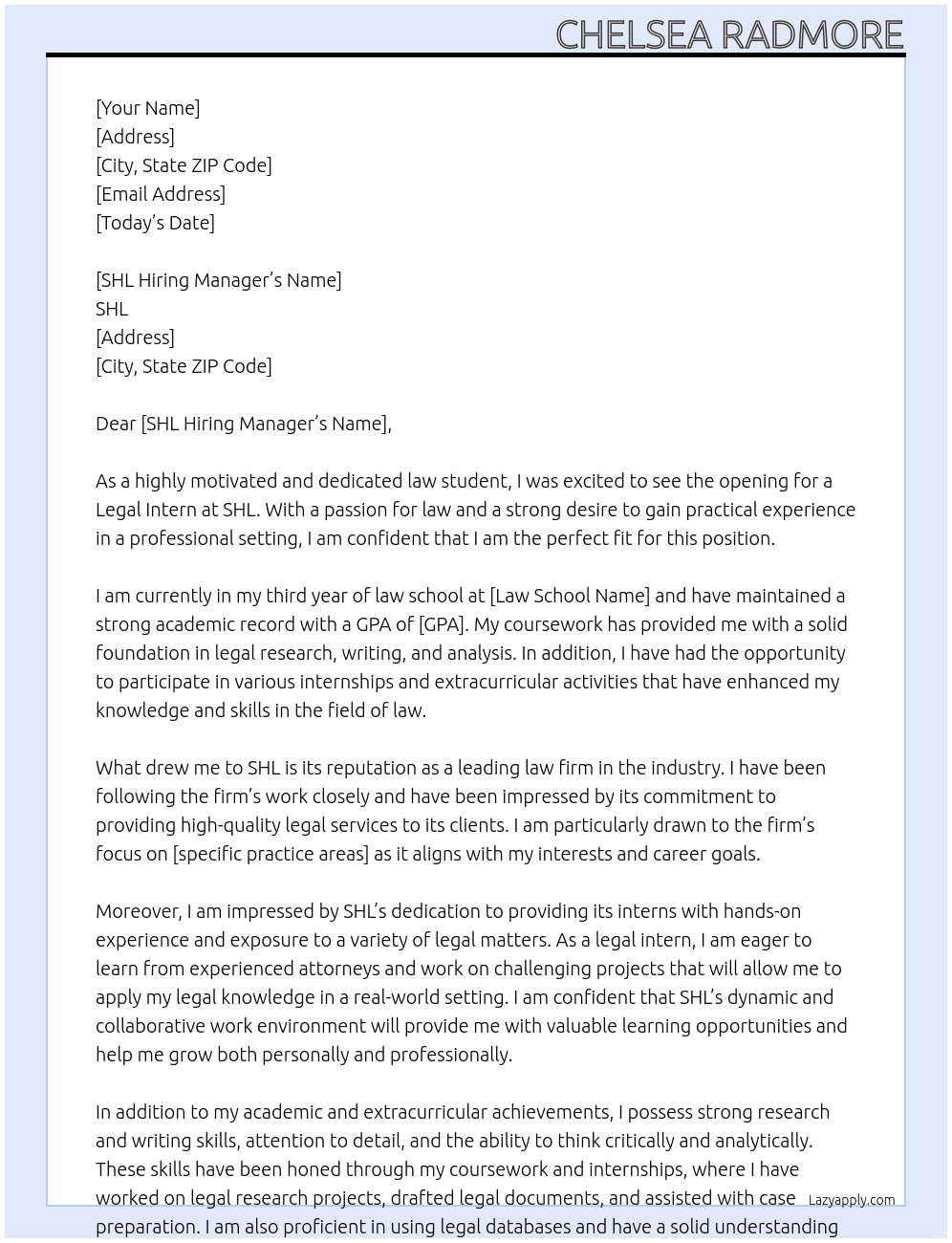 Legal Intern At SHL Cover Letter