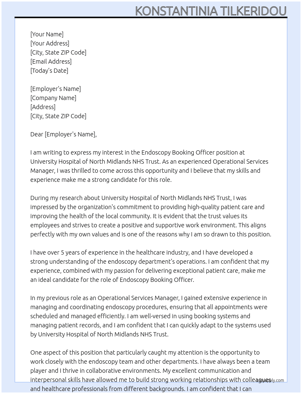 Endosocopy Booking Officer At University Hospital of North Midlands NHS Trust Cover Letter