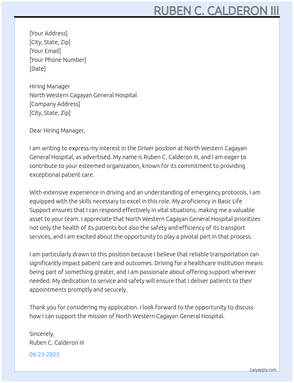 driver At North Western Cagayan General Hospital Cover Letter