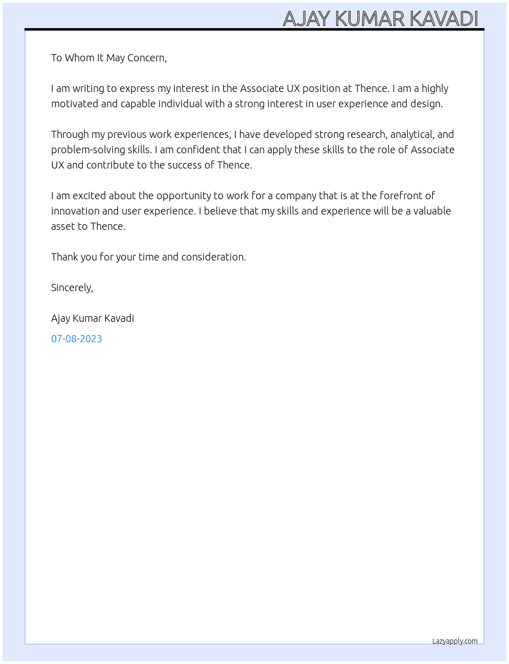 Associate UX At Thence Cover Letter