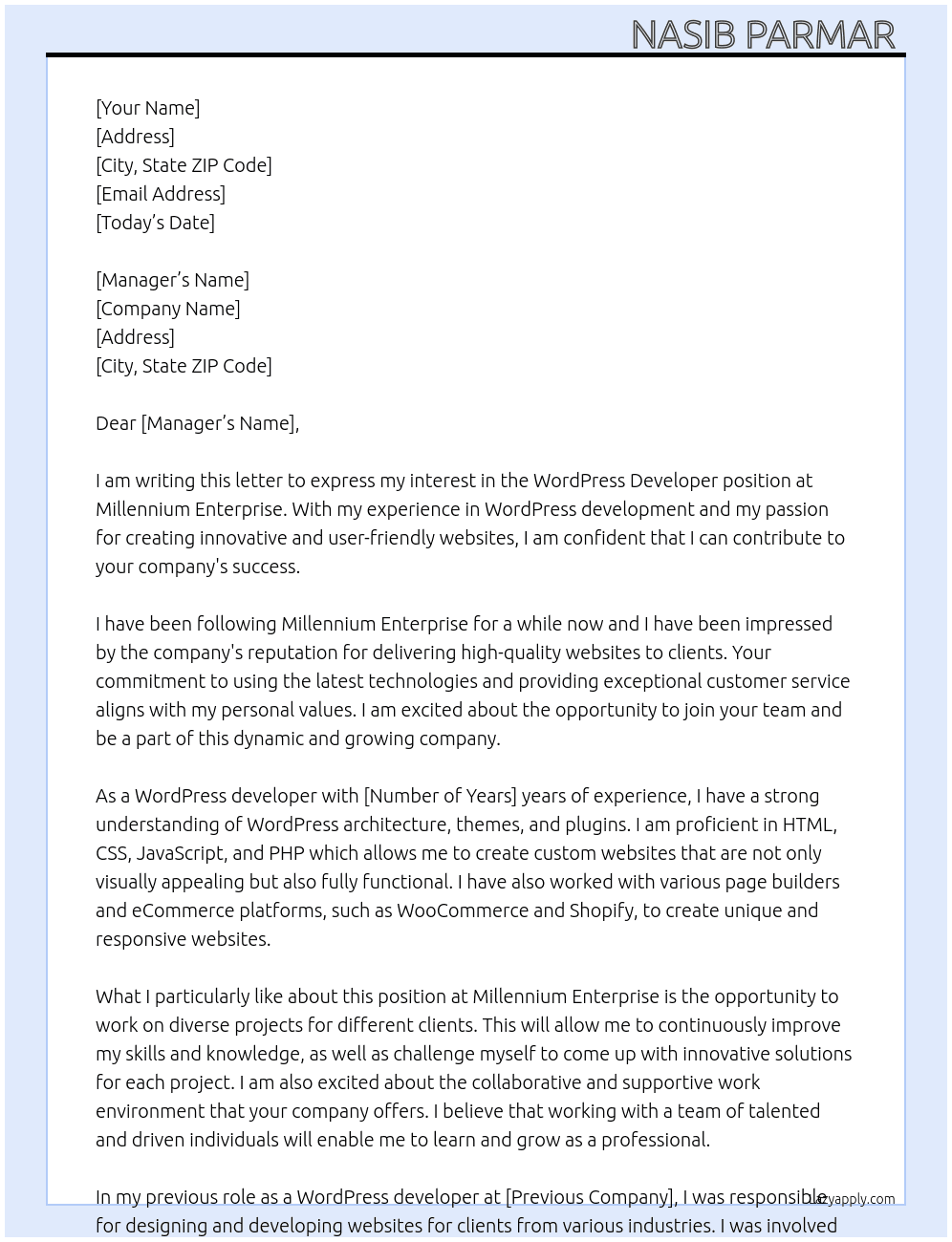 WordPress developer  At Millennium Enterprise Cover Letter