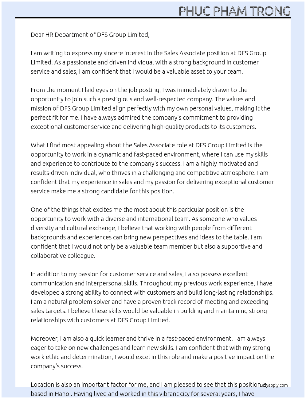 Sales Associate At DFS Group Limited Cover Letter