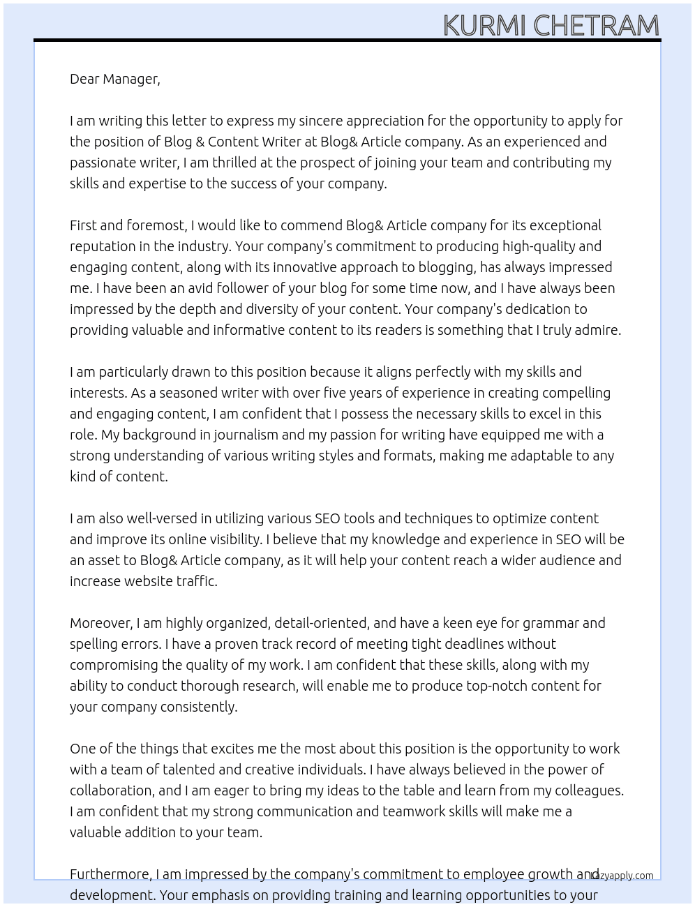 Blog& Content Writer At Blog& Article company Cover Letter