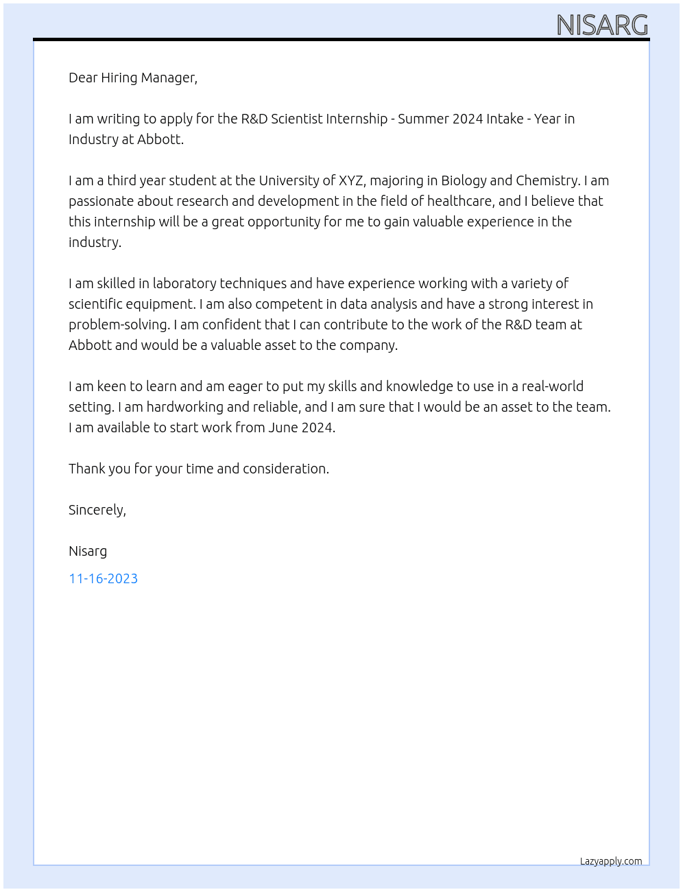 R&D SCIENTIST INTERNSHIP - SUMMER 2024 INTAKE - YEAR IN INDUSTRY At Abbott Cover Letter