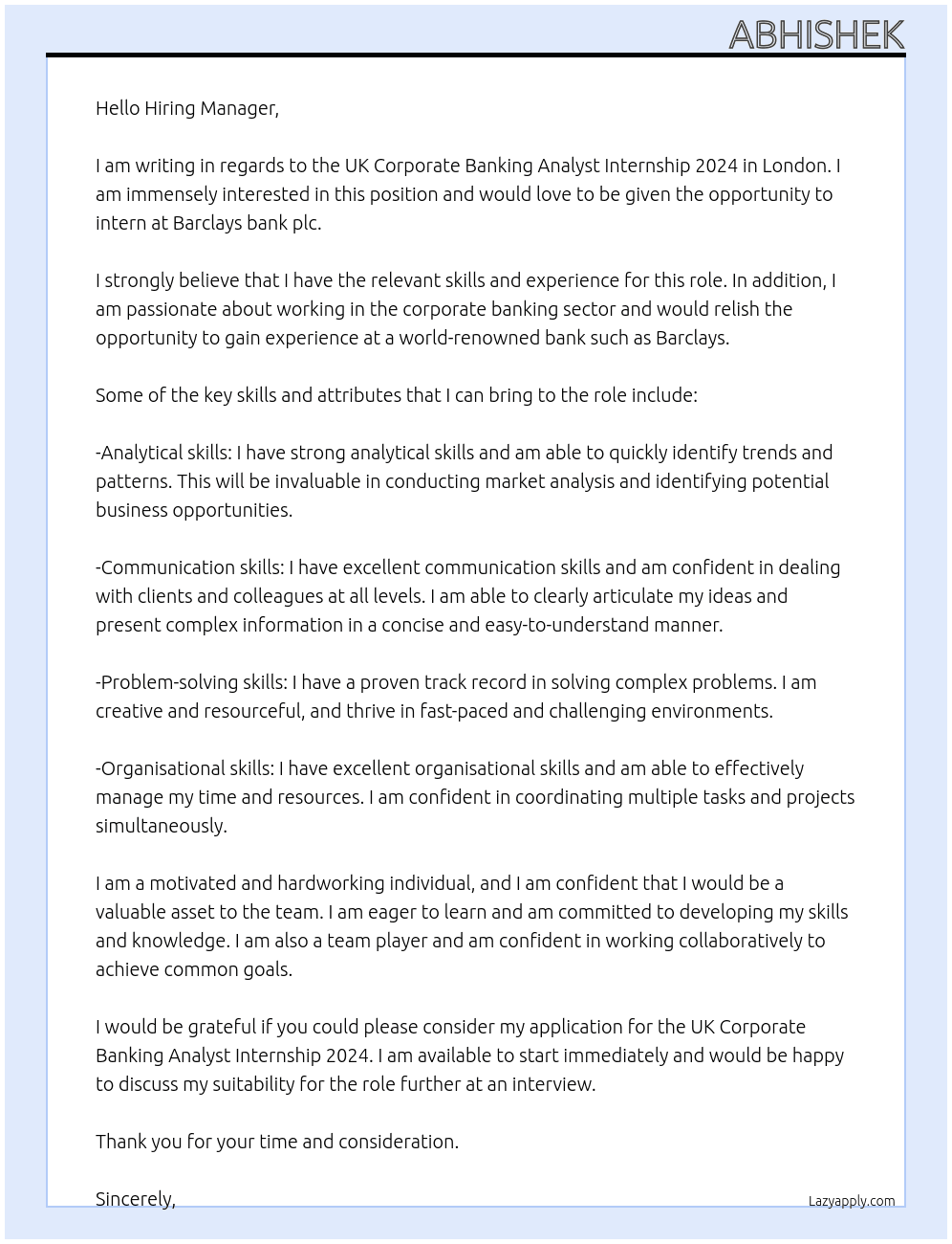 UK Corporate Banking Analyst Internship 2024 London At Barclays bank plc Cover Letter