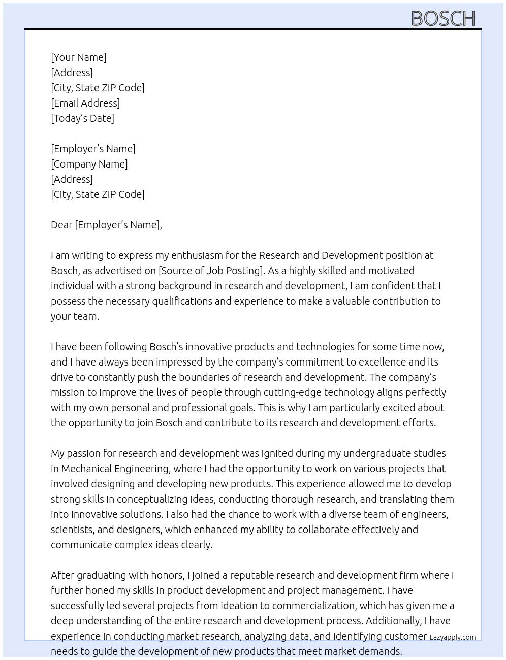 Research and development At Bosch  Cover Letter