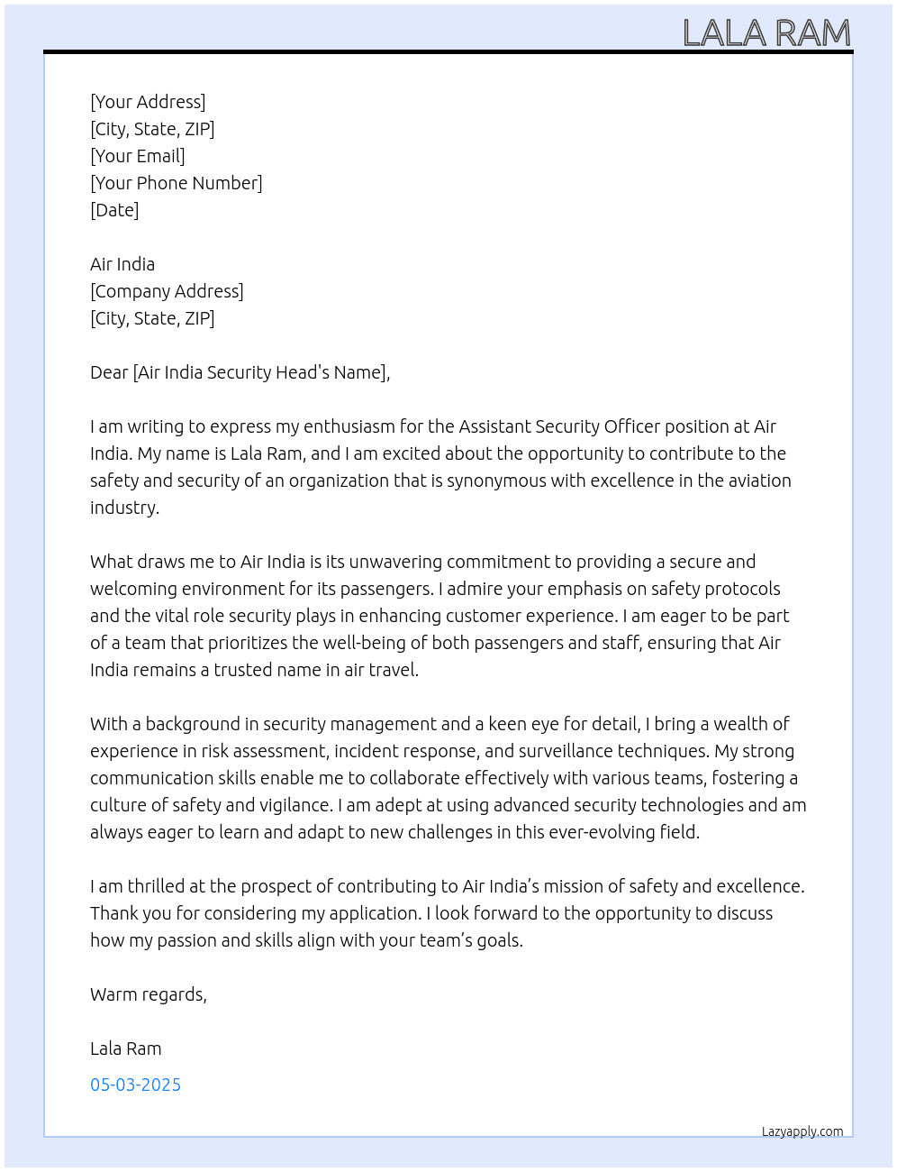 Assistant security officer  At Air india Cover Letter
