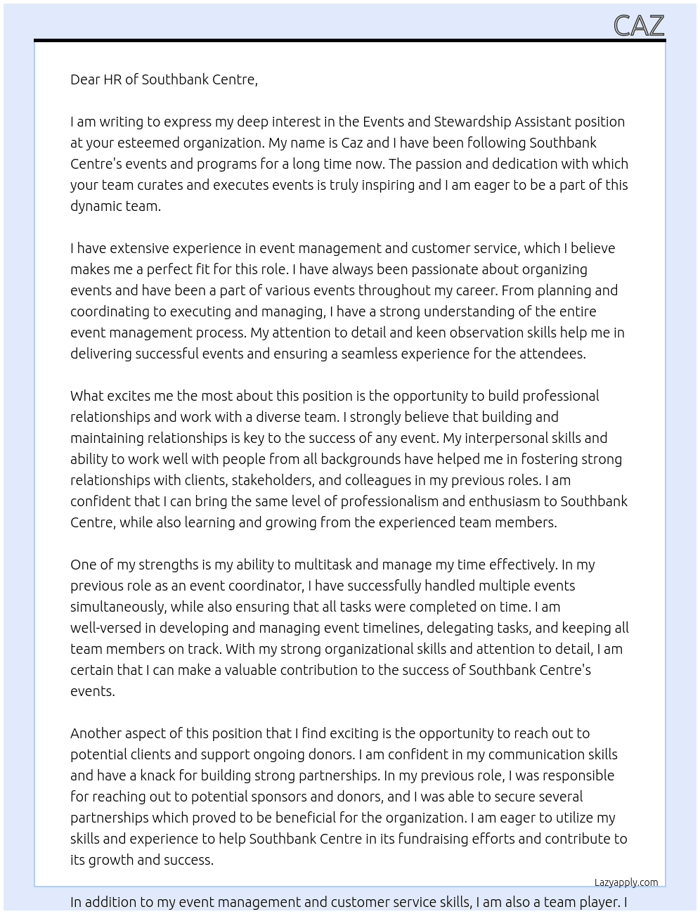 events and stewardship assistant At southbank centre Cover Letter