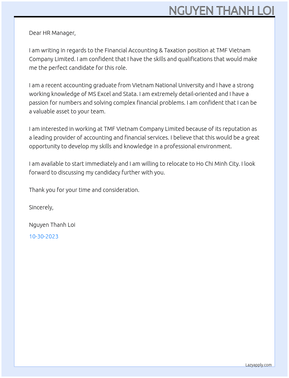 Financial Accounting & Taxation At TMF Vietnam Company Limited Cover Letter