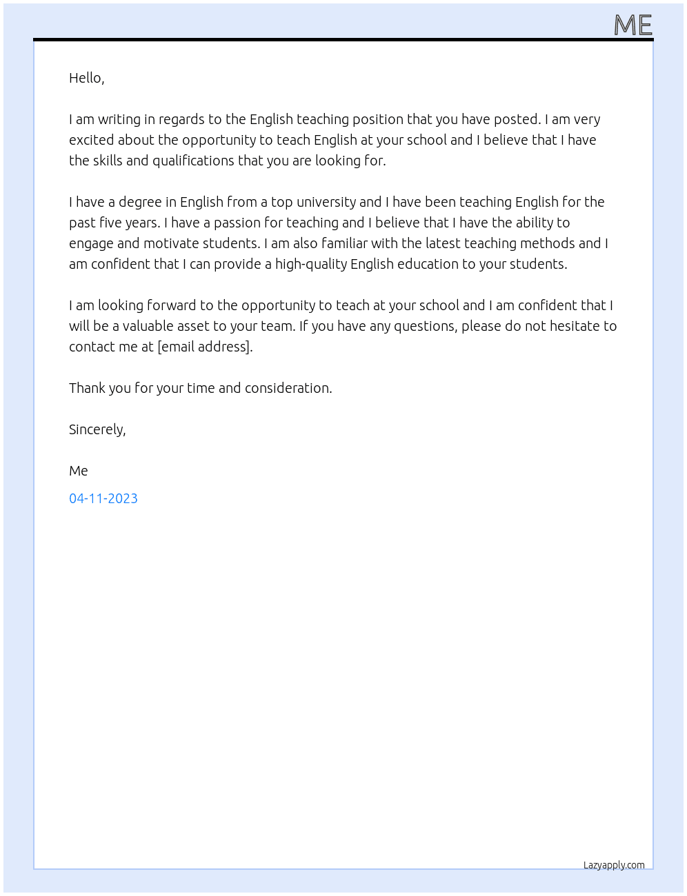 english teacher At me Cover Letter