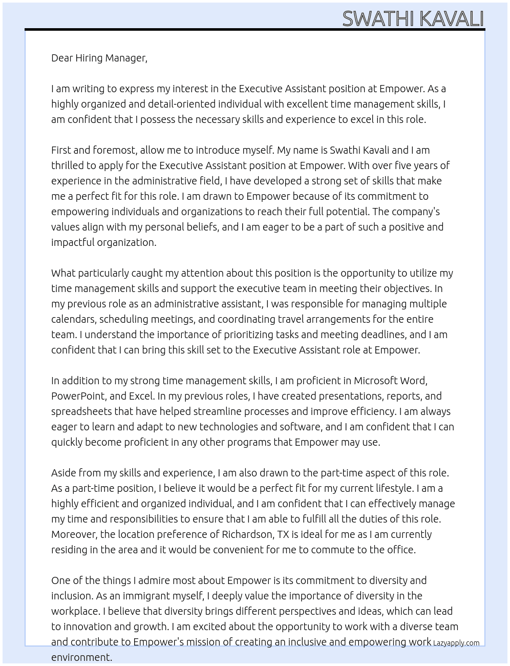 Executive Assistant At Empower Cover Letter