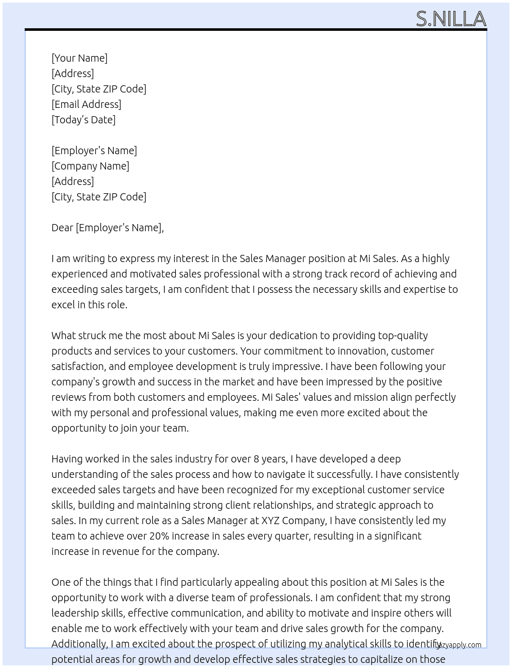 Sales manager At Mi sales Cover Letter