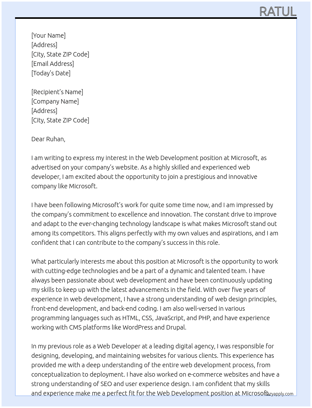 Web development  At Microsoft  Cover Letter
