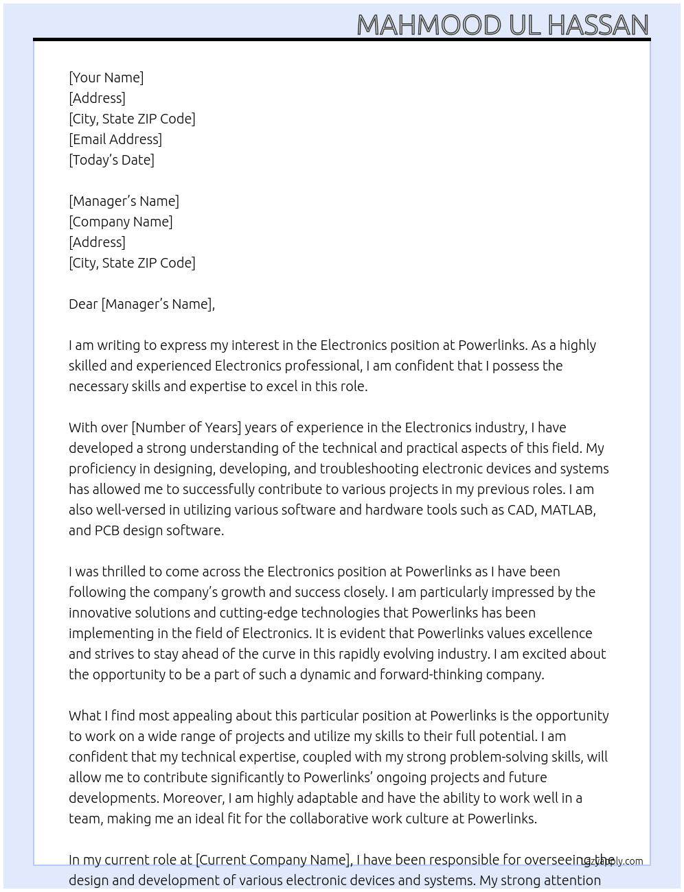 Electronics At Powerlinks Cover Letter