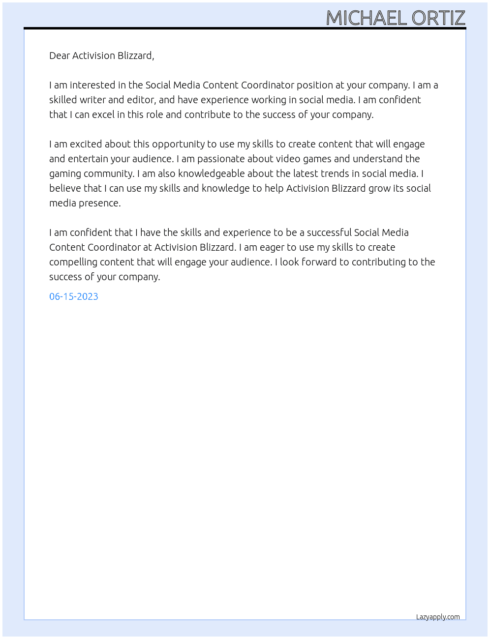Social Media Content Coordinator At Activision Blizzard Cover Letter