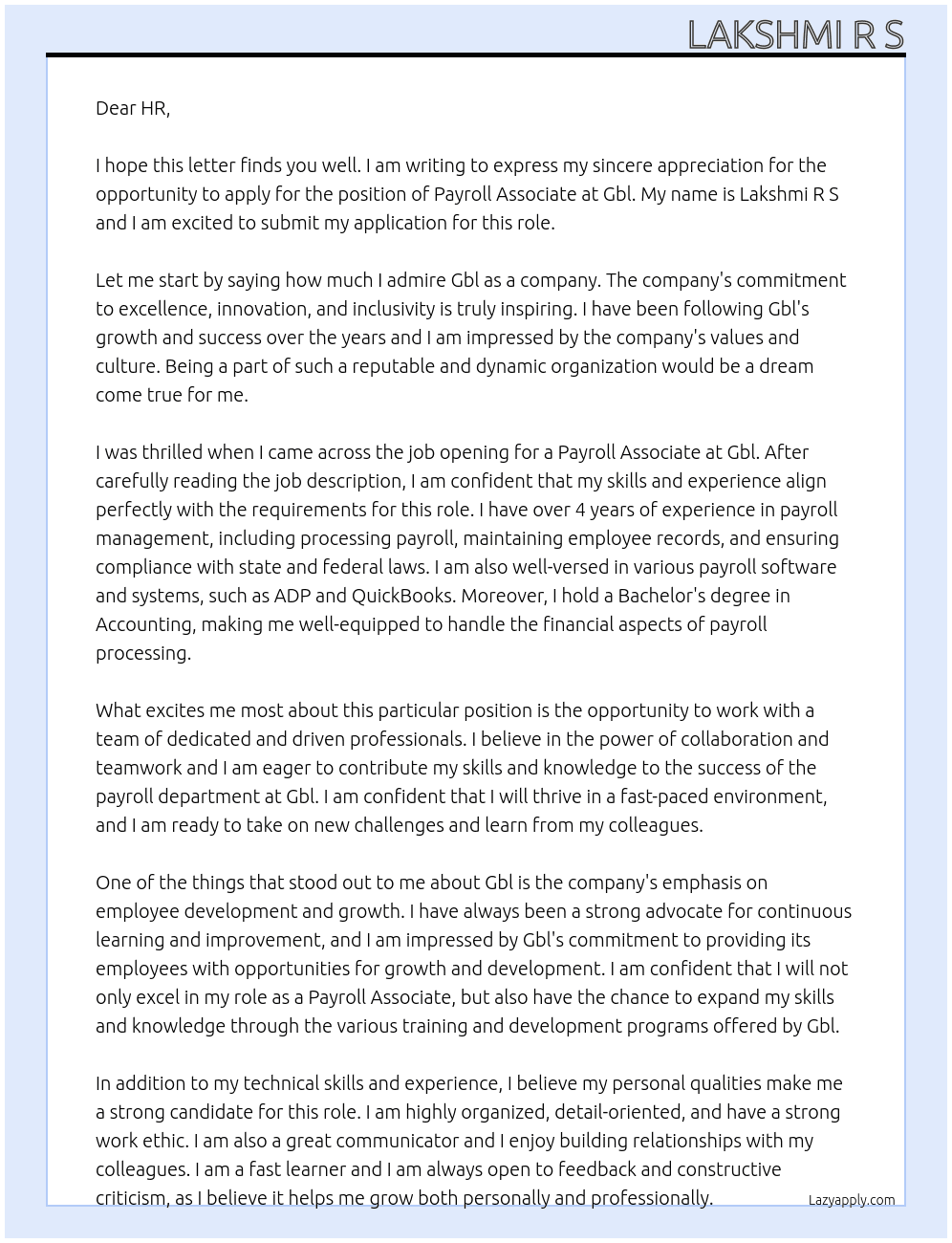 Payroll associate  At Gbl Cover Letter