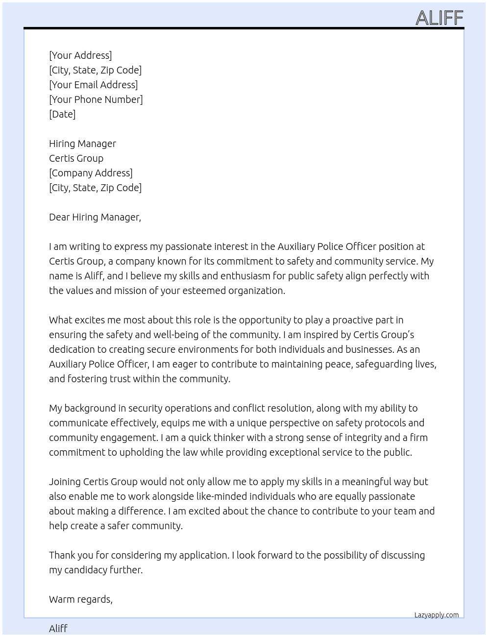 Cover letter for auxiliary police officer - LazyApply