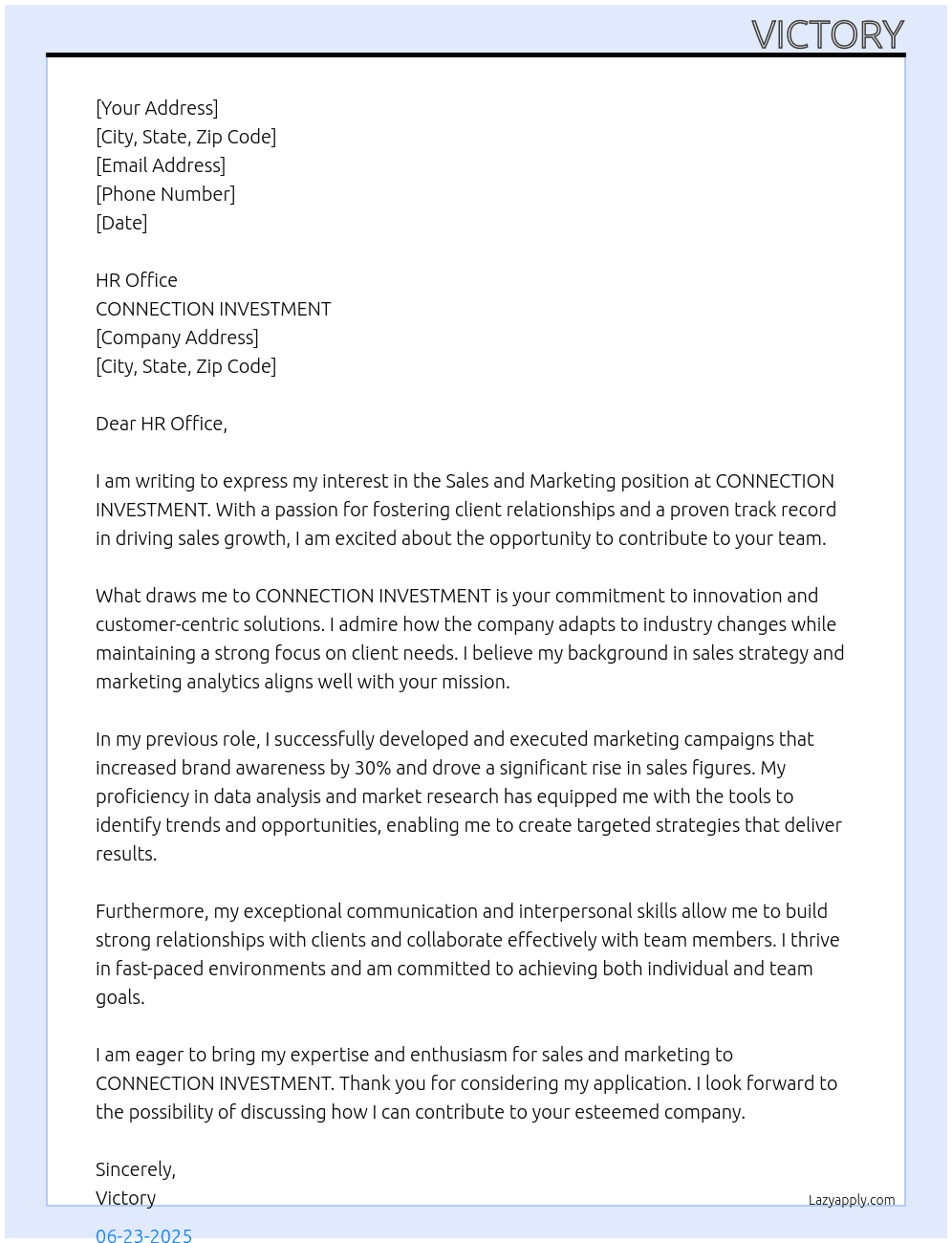 Sales and Marketing At CONNECTION INVESTMENT Cover Letter