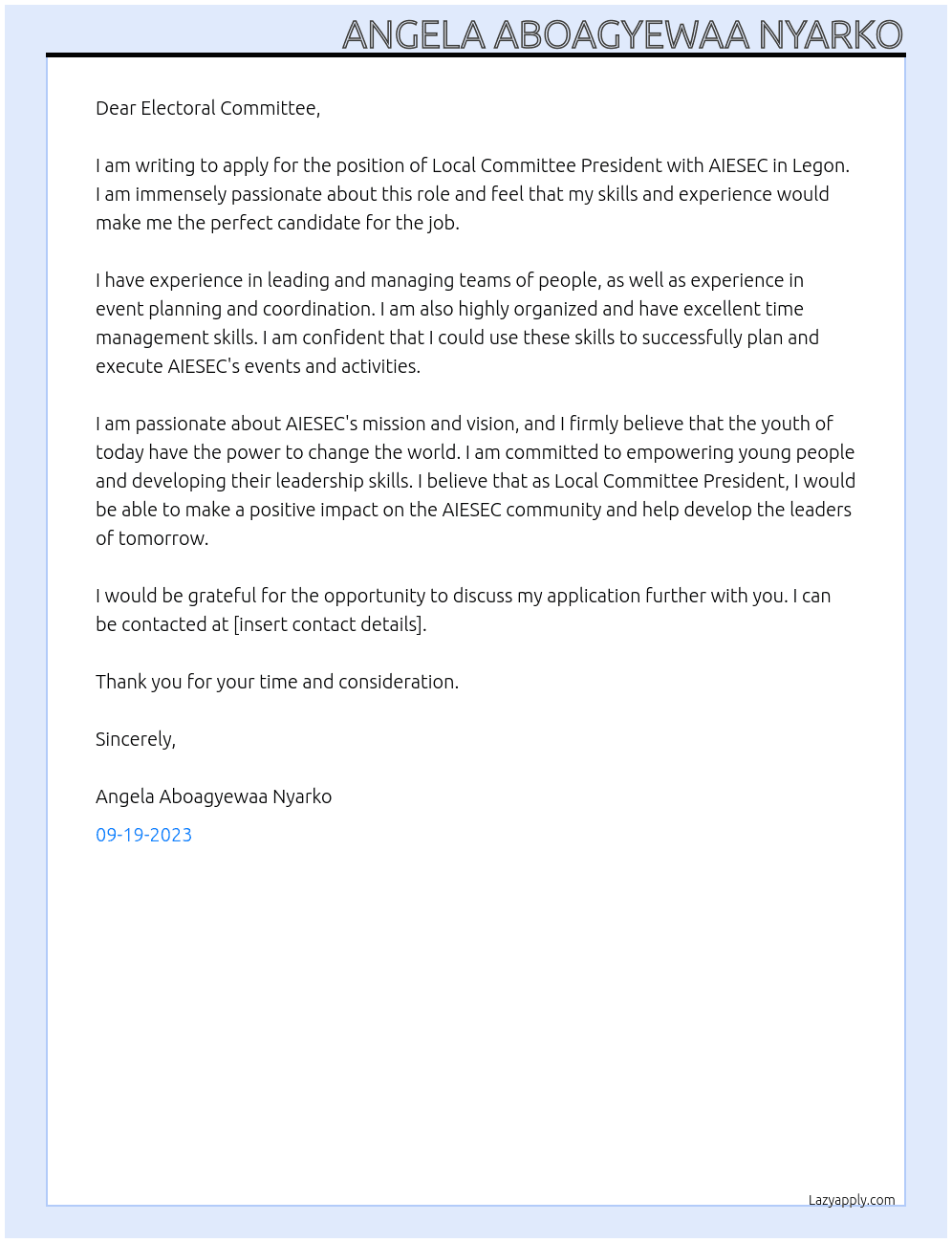 Local Committee President  At AIESEC in Legon Cover Letter