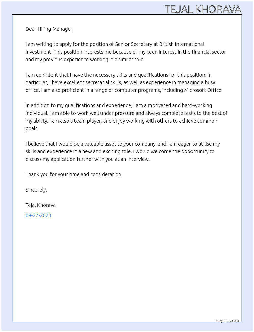 Senior Secretary  At British International Investment  Cover Letter