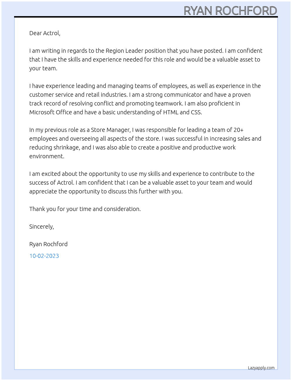Region Leader At Actrol Cover Letter