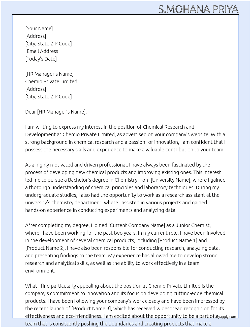 Chemical research and development  At Chemio private limited  Cover Letter