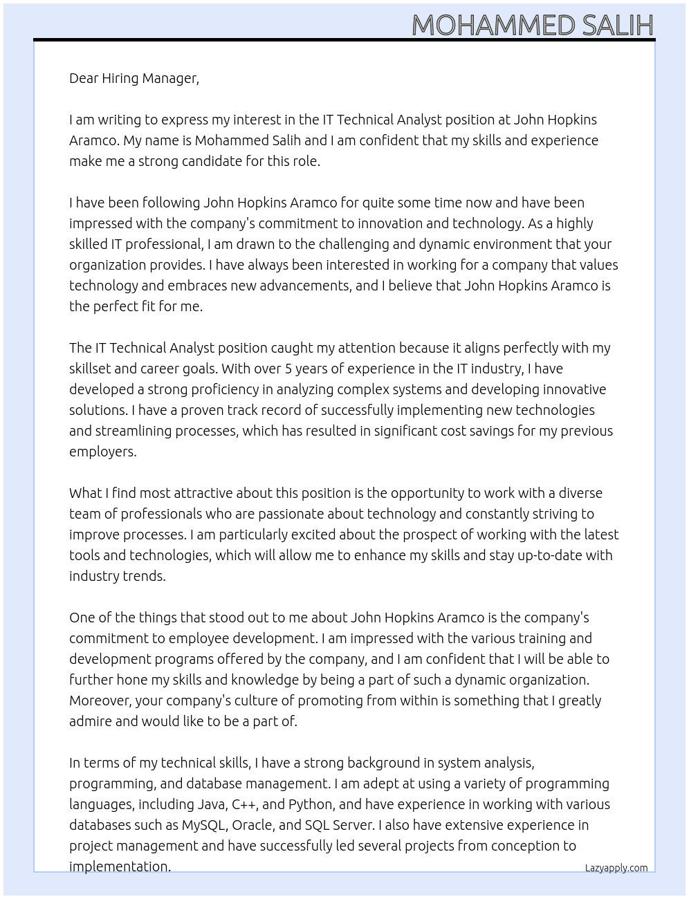 IT Technical Analyst At john hopkins aramco Cover Letter