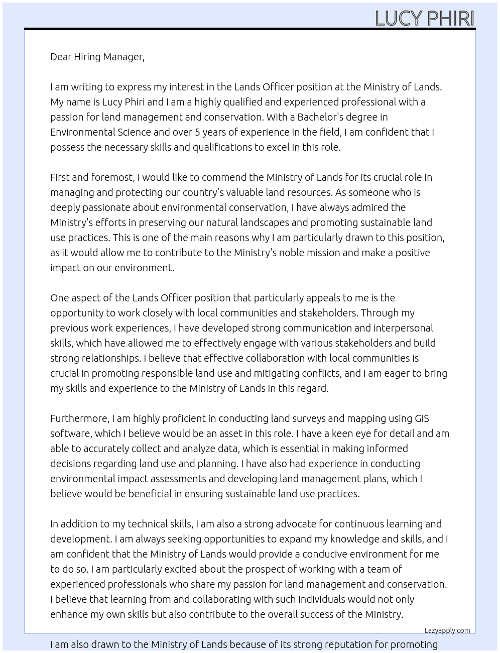 Lands officer  At Ministry of Lands  Cover Letter