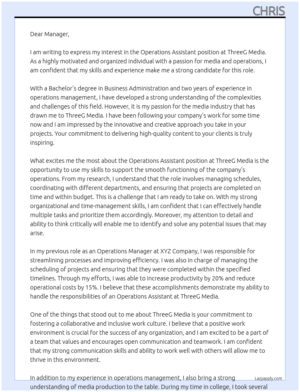 operations assistant At threeg media Cover Letter