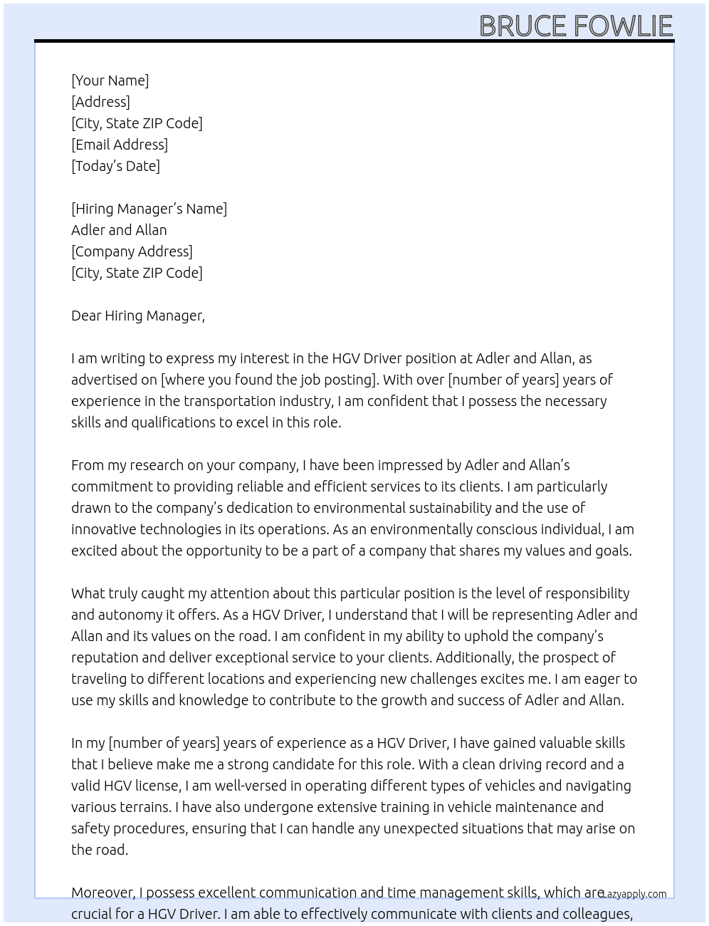 HGV Driver At Adler and Allan Cover Letter