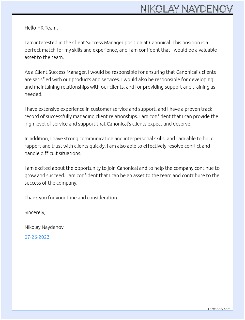 Client Success Manager At Canonical Cover Letter