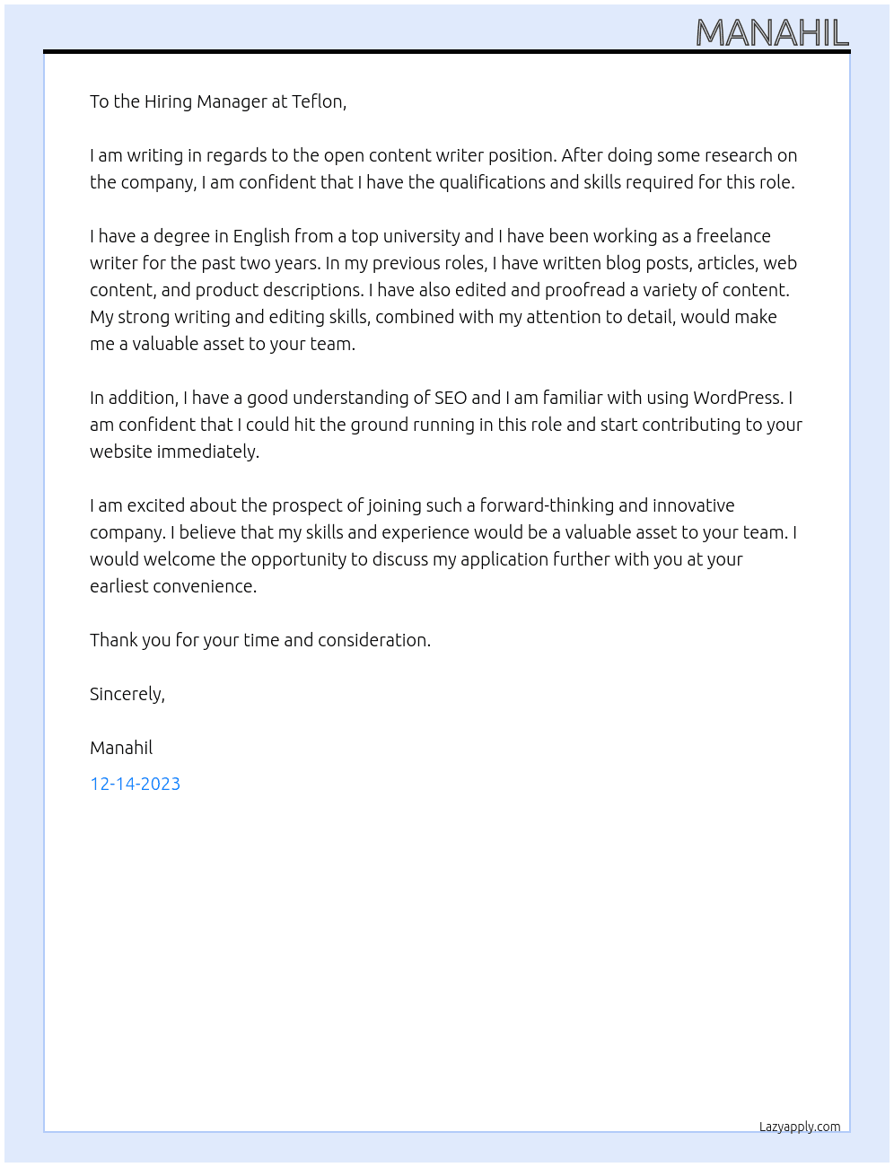 Content writer At Teflon Cover Letter