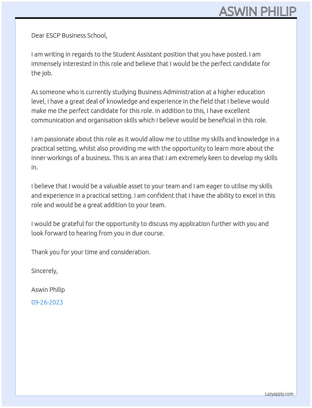 Student Assistent At ESCP Business school Cover Letter
