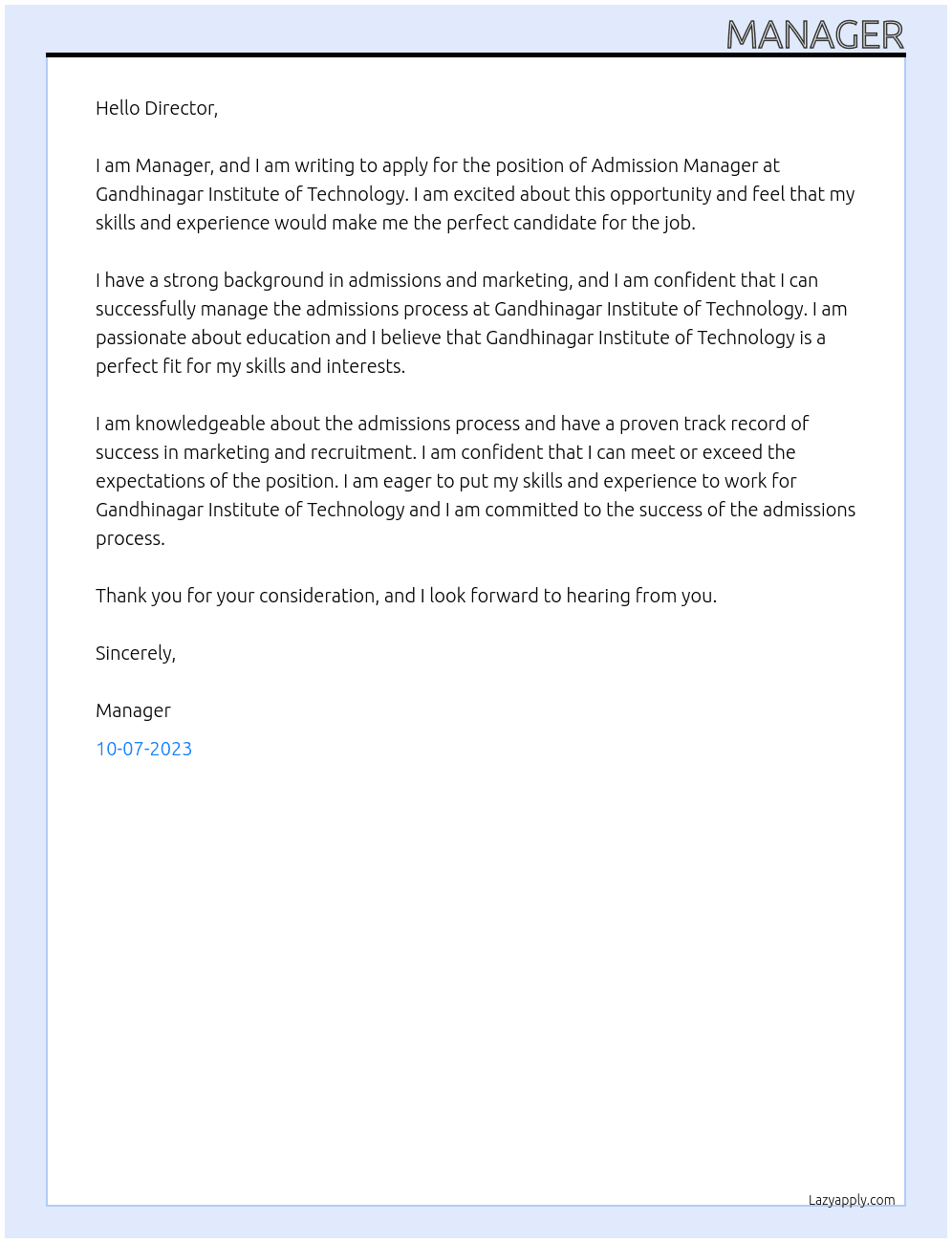 Admission Manager At gandhinagar institute of technology Cover Letter
