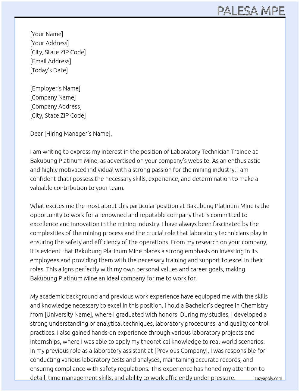 Laboratory Technician Trainee  At Bakubung Platinum Mine Cover Letter
