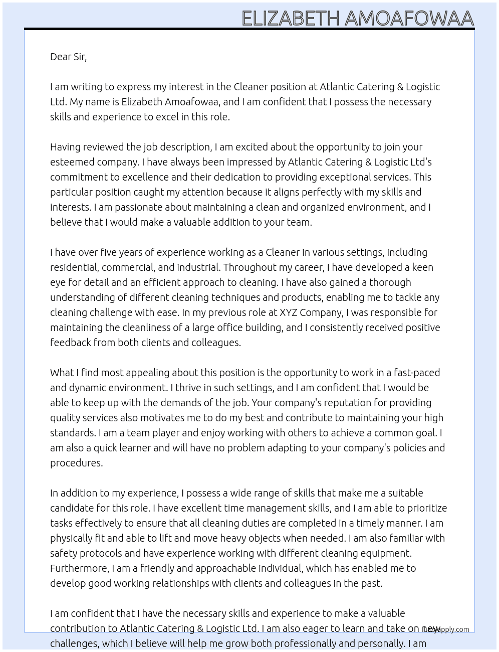 Cleaner At Atlantic Catering & Logistic Ltd Cover Letter