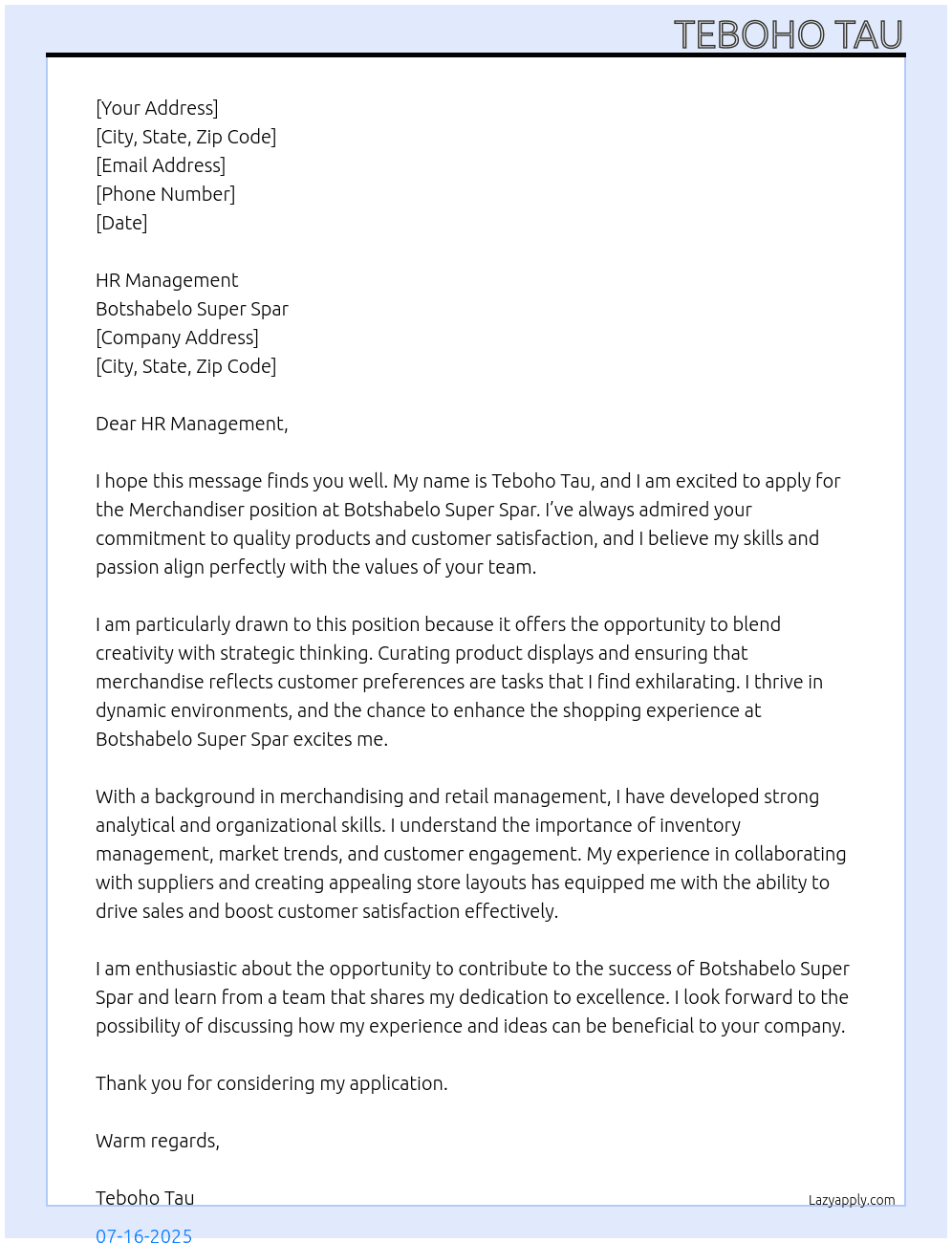 Merchandiser  At Botshabelo Super Spar  Cover Letter