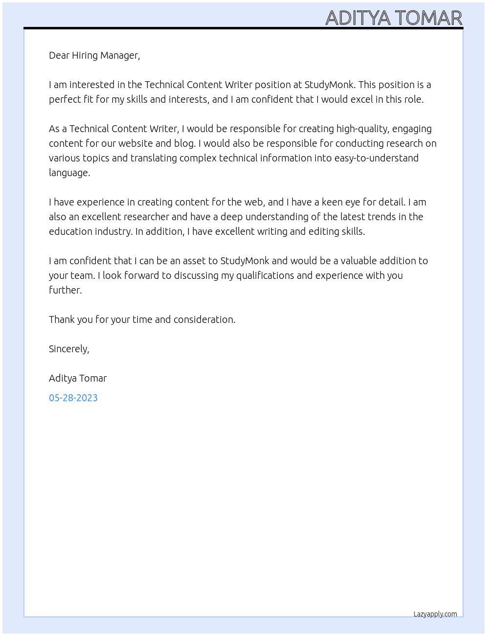 Technical Content Writer At StudyMonk Cover Letter
