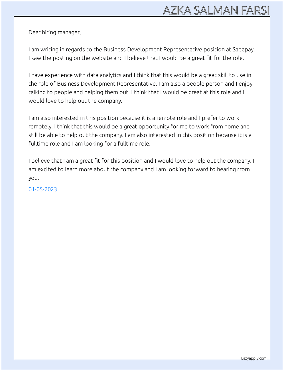 Business Development Representative  At Sadapay Cover Letter