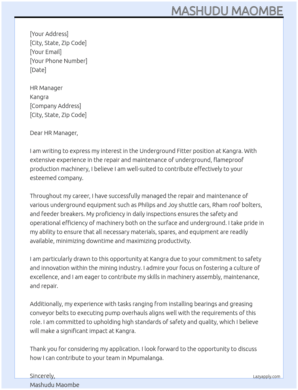 Underground Fitter At Kangra Cover Letter