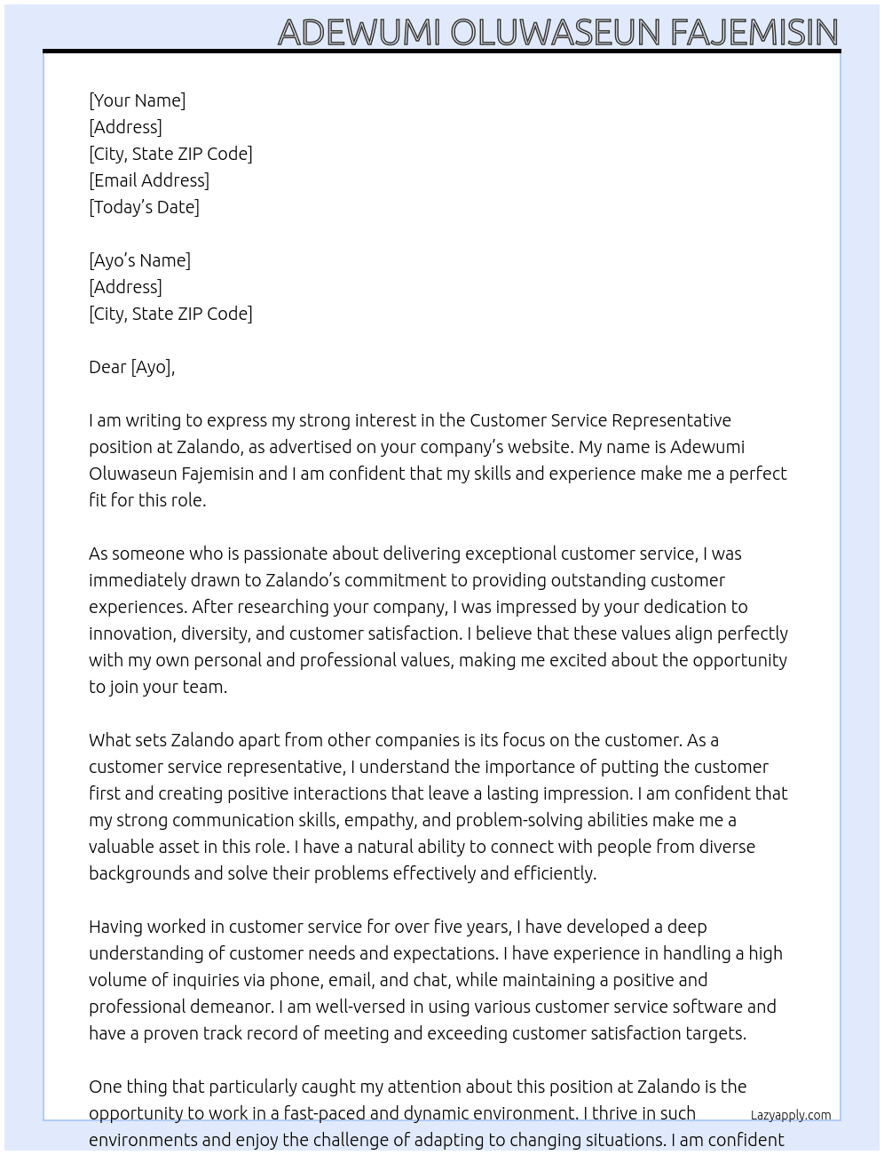 Customer Service Representative At Zalando Cover Letter