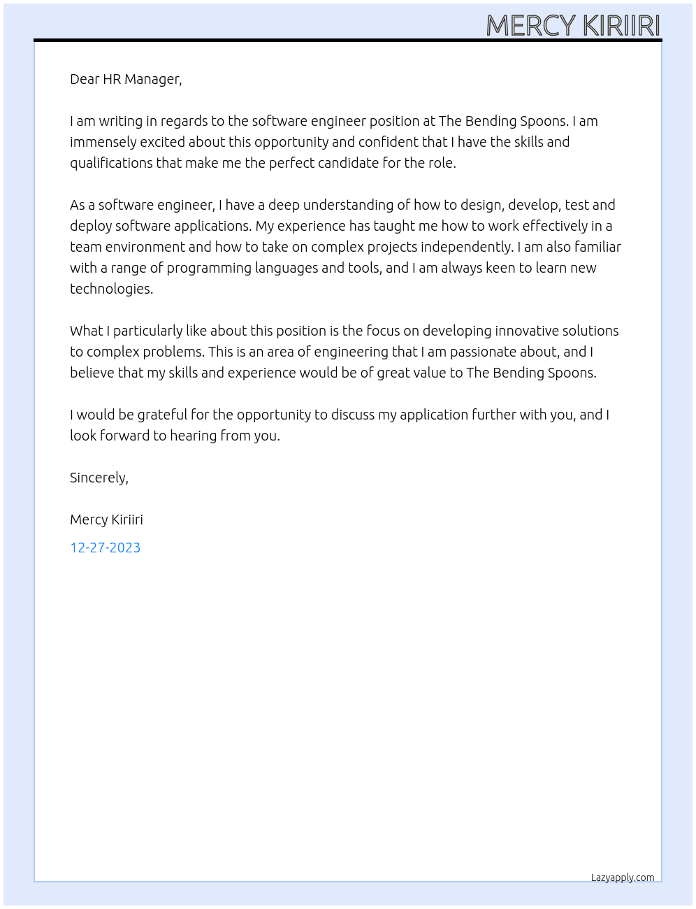 Software engineer  At The Bending Spoons  Cover Letter