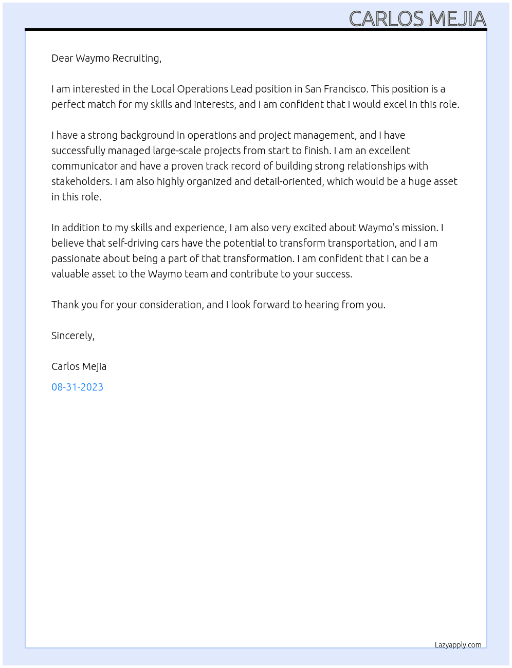 Local Operations Lead, San Francisco At Waymo Cover Letter