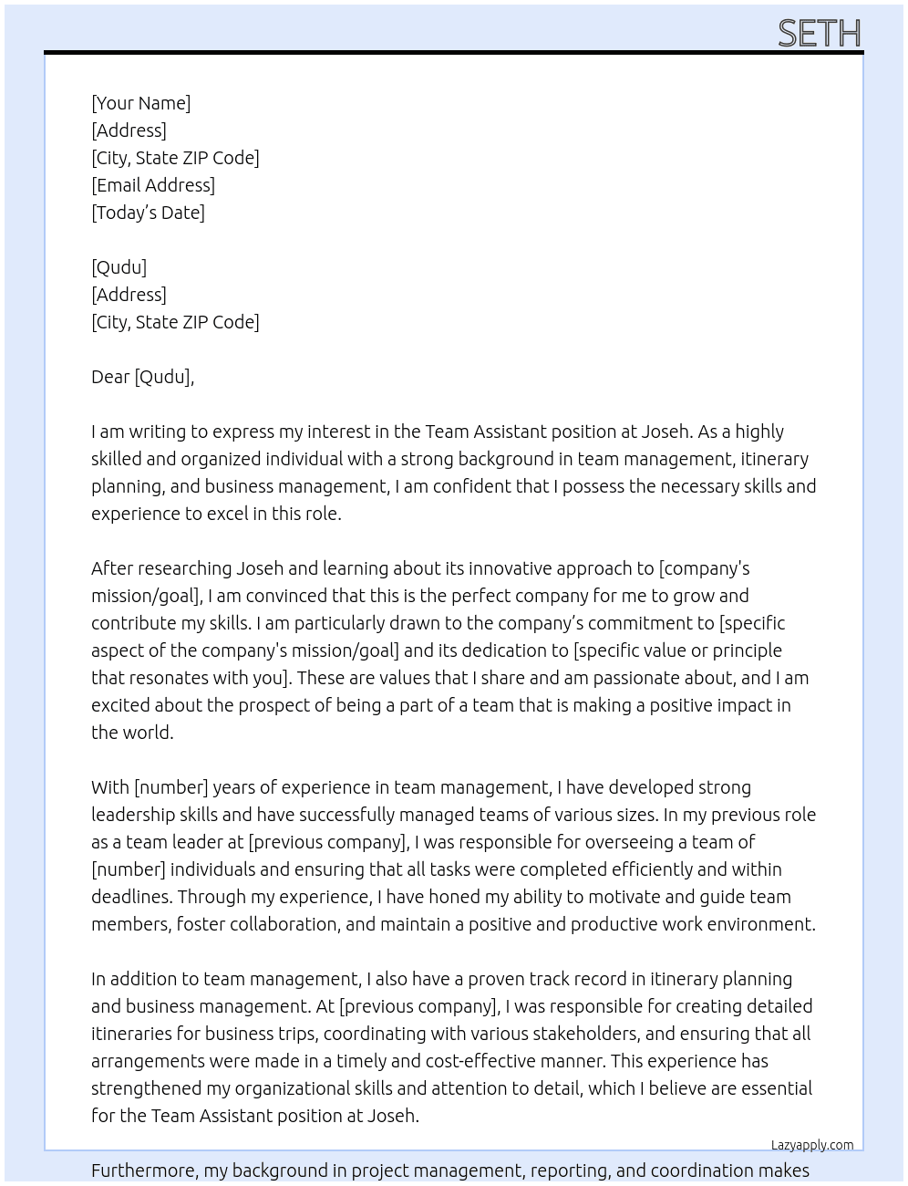 team assistat At Joseh Cover Letter
