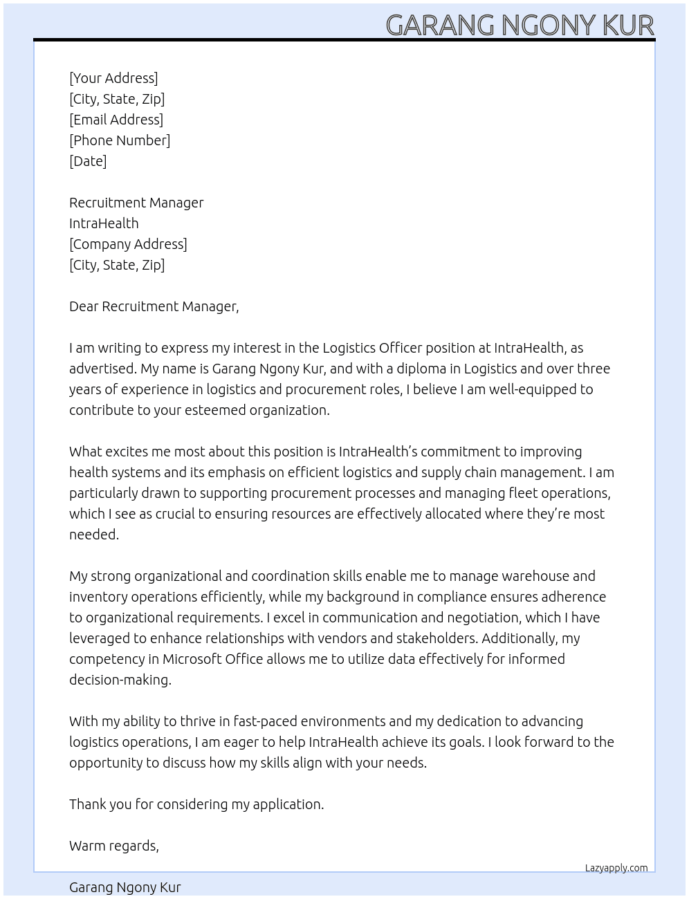 Logistics Officer At IntraHealth Cover Letter