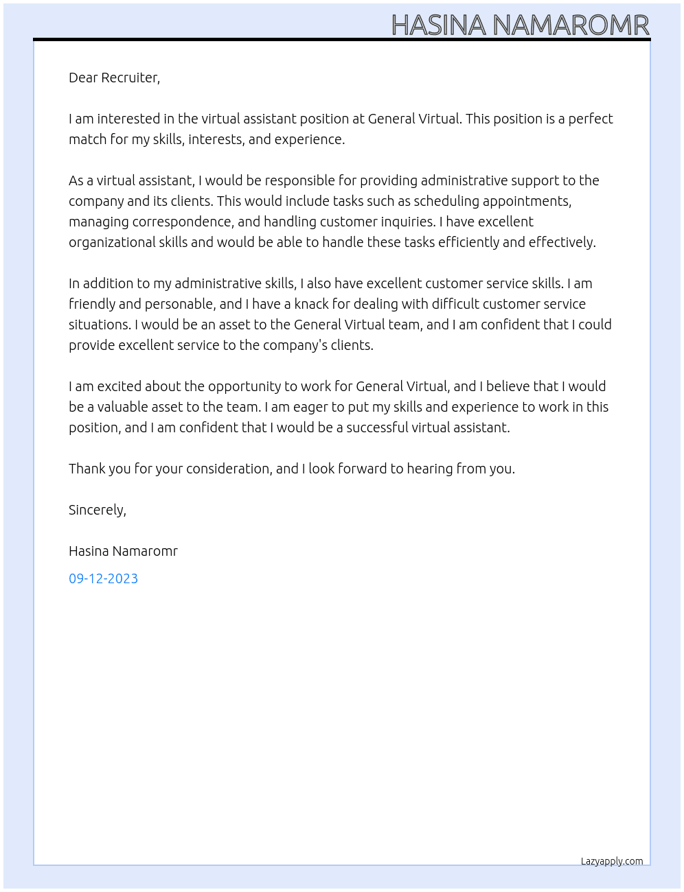 Virtual assistant At General Virtual Cover Letter