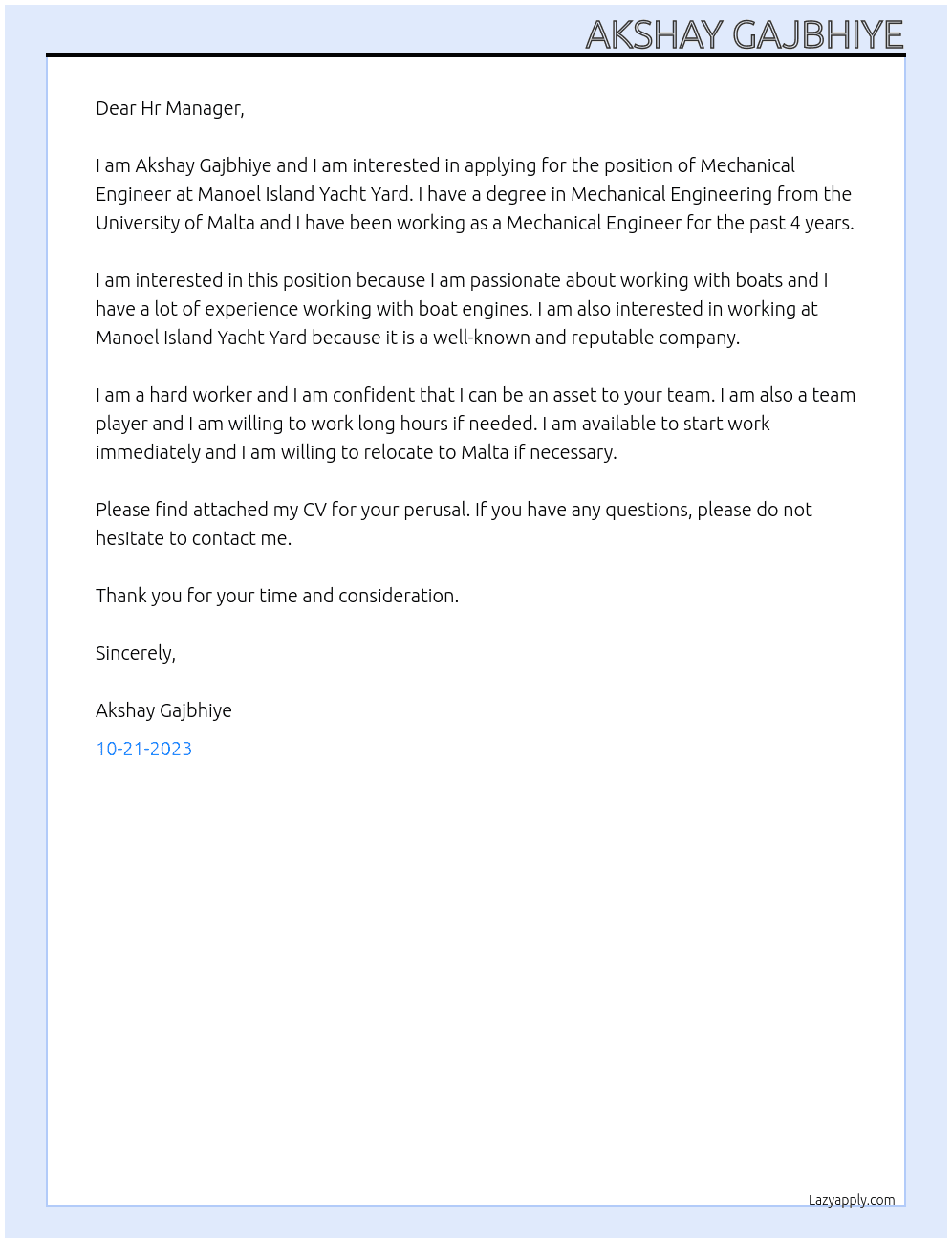 Mechanical Engineer At MANOEL ISLAND YACHT YARD Cover Letter