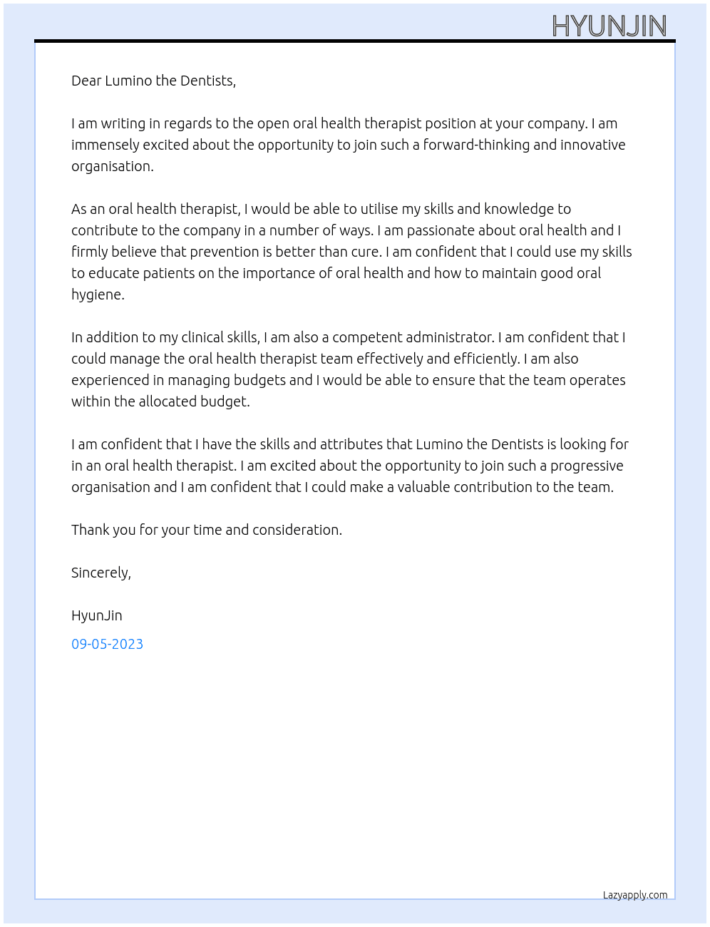 Oral health therapist At Lumino the Dentists Cover Letter