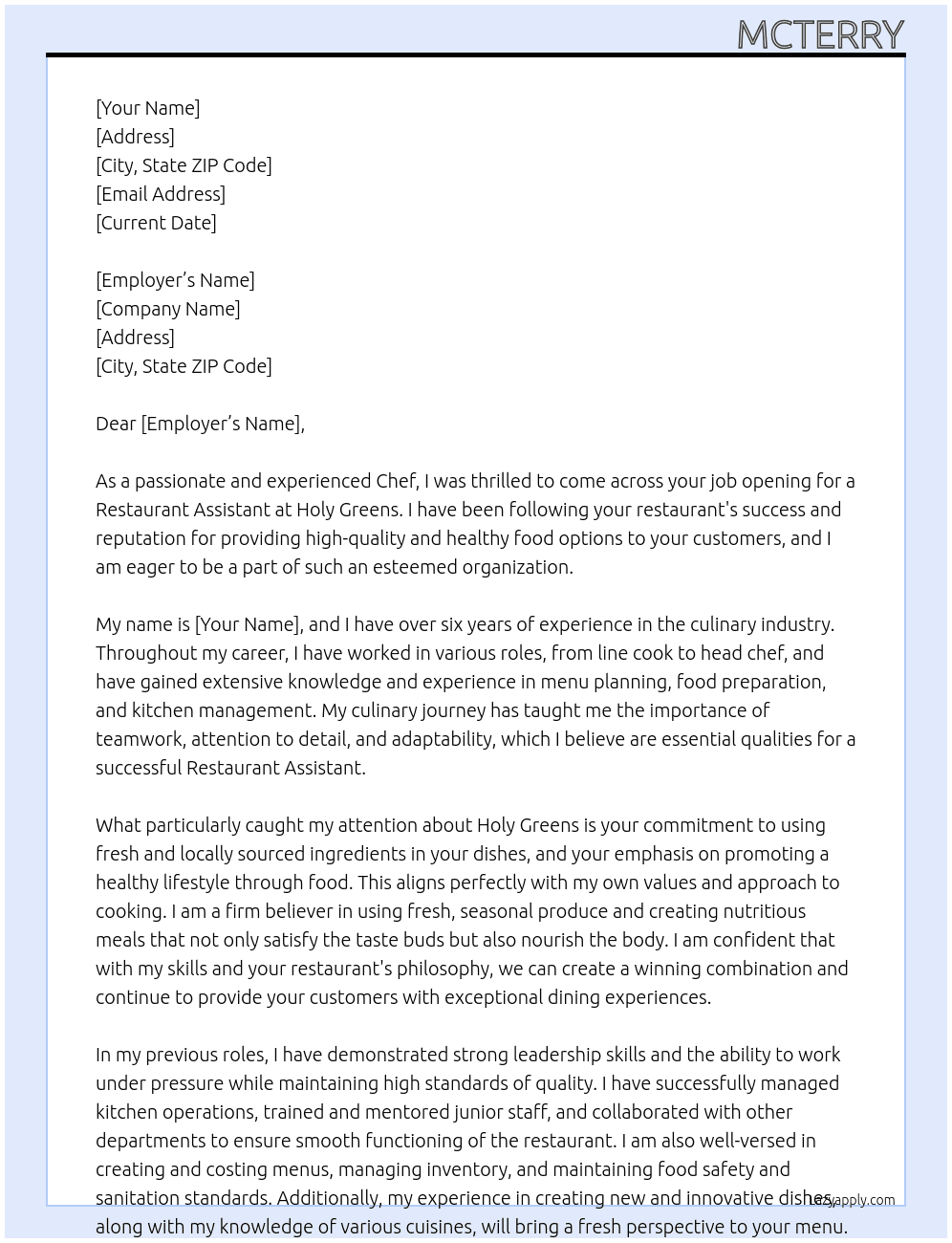 restaurant assistant  At Holy greens Cover Letter